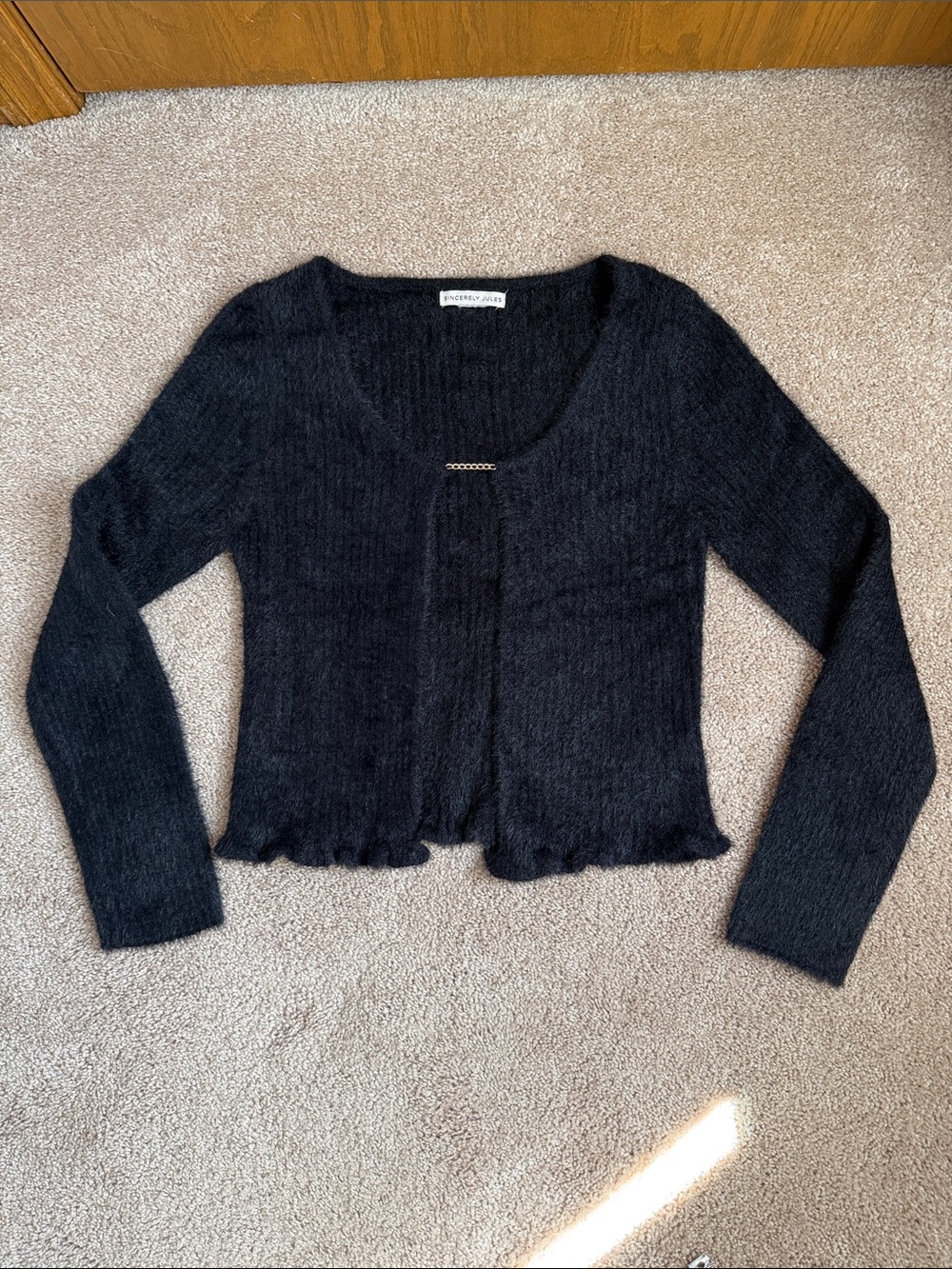 Sincerely Jules fuzzy cropped cardigan in black. Size: see measurements